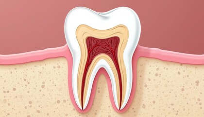 Anatomy of tooth cross section diagram. Medical illustration shows detailed structure with enamel, dentin, pulp, root. Healthy human jaw model with crown, gum, jawbone for dental care, education