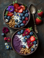 Smoothie Bowls with Berries and Granola &ndash; Top View, Flat Lay on Dark Background