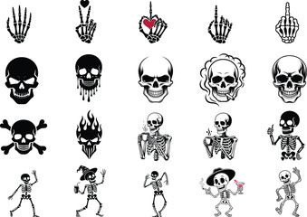 Naklejka premium Collection of spooky skeleton illustrations, perfect for halloween designs, tattoo art, or edgy graphic projects