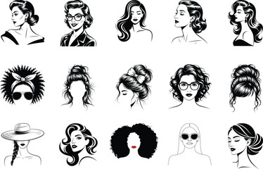 Collection of fifteen hand drawn womens hairstyles set of different haircuts for girls vector illustration for beauty salon