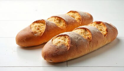 Two golden fresh baked bread loaves with crispy crust sit on white surface. Warm baguettes show appetizing cuts, texture. This savory pastry offers healthy homemade food for any meal, daily diet.