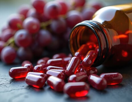 Red translucent capsules spill from brown bottle. Fresh red grapes in background. Image shows natural health supplements, possibly resveratrol, linking fruit antioxidant benefits to daily wellness,