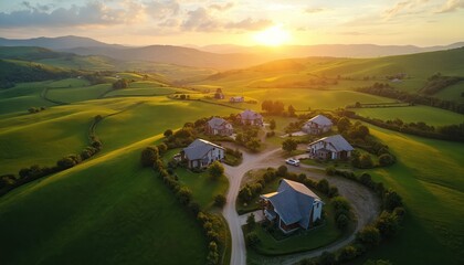 Aerial view of verdant rolling hills with modern homes nestled among green fields at sunset. Sunlight illuminates rural countryside, creating a peaceful, scenic landscape.