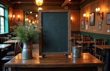 Interior of irish bar pub restaurant with blackboard. Template with empty chalkboard menu stand on wood table. Cafe decor with plant in old jug and metal bucket on counter.