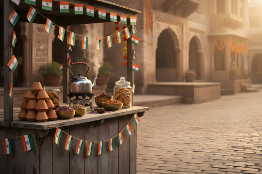 vintage india independence day street vendor stall with festive tricolour decor