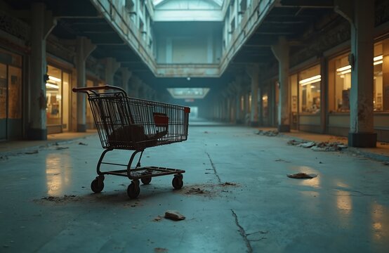 Empty shopping cart sits alone in a dark, abandoned mall hall. Stores are vacant and dark, showing signs of decay and neglect. The scene evokes urban ruin and economic decline.