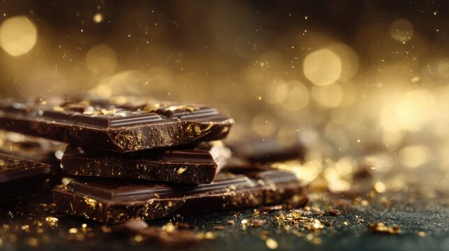 Indulge in Luxurious Dark Chocolate Against a Backdrop of Golden Bokeh for a Rich Experience