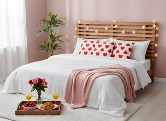 serene home bedroom setup with minimalist bedding, pastel accents and comfort