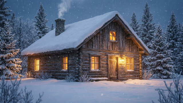 Cozy Wooden Log Cabin in Snowy Pine Forest with Smoking Chimney and Warm Glowing Windows at Twilight