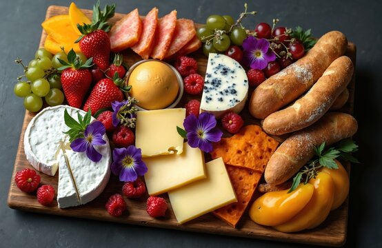 Gourmet food arrangement featuring cheese bread fruit edible flower snacks. Appetizing snack platter presents culinary delights. Tasty sweet, savory foods on wooden board. Close-up of healthy organic