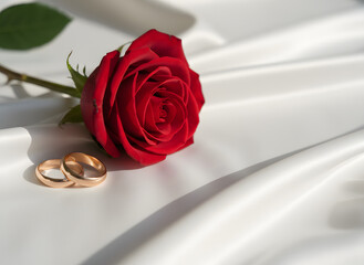 red rose with wedding rings on white satin fabric romantic still life