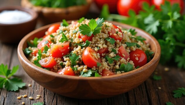 Beautiful wooden bowl filled with fresh Tabbouleh salad. Features bulgur couscous, vibrant chopped red tomatoes, aromatic green parsley. Healthy vegetarian meal looks delicious, ideal for light lunch