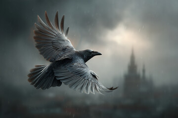Naklejka premium Fliegende Krähe in natürlicher Umgebung – dynamische Wildtieraufnahme