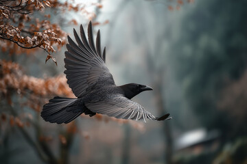 Naklejka premium Fliegende Krähe in natürlicher Umgebung – dynamische Wildtieraufnahme