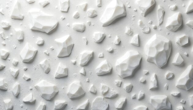 White abstract background of scattered mineral fragments. Irregular faceted stones create clean, geometric pattern on light surface. Modern minimalist wallpaper for interior design home decor.