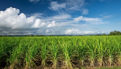 Lush Sugarcane Field Under A Partly Cloudy Sky