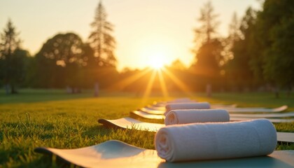 Yoga mats with towels in row on green grass park lawn. Outdoor fitness class setup at beautiful golden sunrise. Peaceful scene for group meditation wellness retreat. Serene setting for mindful