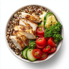 Colorful Fitness Bowls with Quinoa, Vegetables, and Chicken &ndash; Top View, White Background