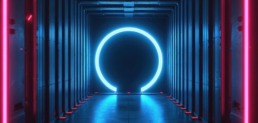 Fototapeta premium Abstract tech illustration of blue neon circle. Digital corridor with red and blue lights. Futuristic tunnel with glowing lights shows access. Cyberpunk style tech scene concept.