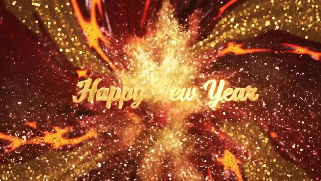 Red and gold cinematic countdown 3 2 1 with Happy New Year text, glitter explosion and glowing festive fireworks