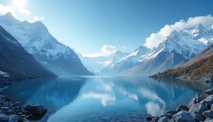 Vast landscape of snow capped mountains around calm blue lake. Clear water perfectly reflects towering peaks, bright blue sky. Rocky shore frames tranquil scene. Pristine wilderness shows cold