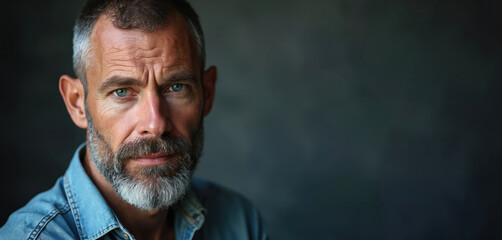 Mature man with serious look, grey beard, blue eyes. Wears denim shirt. Face shows emotion, wisdom, deep thought. Intense headshot portrait against dark background. Man looks confident, focused,