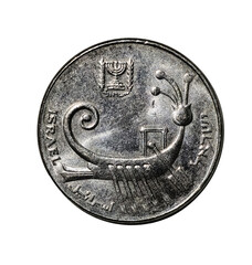 Israeli coin isolated on a white background
Close-up of an Israeli lira