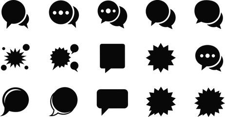 Speech bubble icon set with chat symbols, message shapes, dialog boxes, comic bursts and communication elements in bold silhouette style