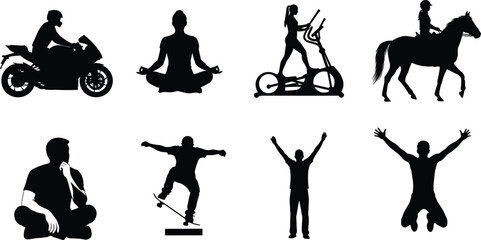 Silhouette collection of people doing activities including motorcycle riding, meditation, exercise, horse riding, skateboarding and celebrating poses for lifestyle illustrations