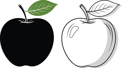 Apple fruit illustration set featuring solid silhouette and outlined design styles with leaf detail for food graphics, logo, and educational materials