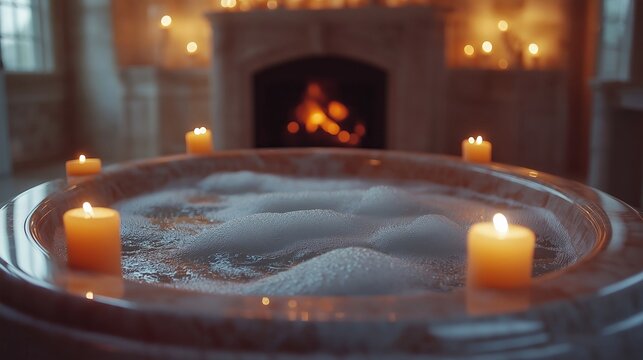 Tranquil Spa Scene: A serene spa scene, featuring a luxurious marble bathtub surrounded by the gentle glow of candles. A warm fireplace in the background, this image exudes relaxation and serenity.