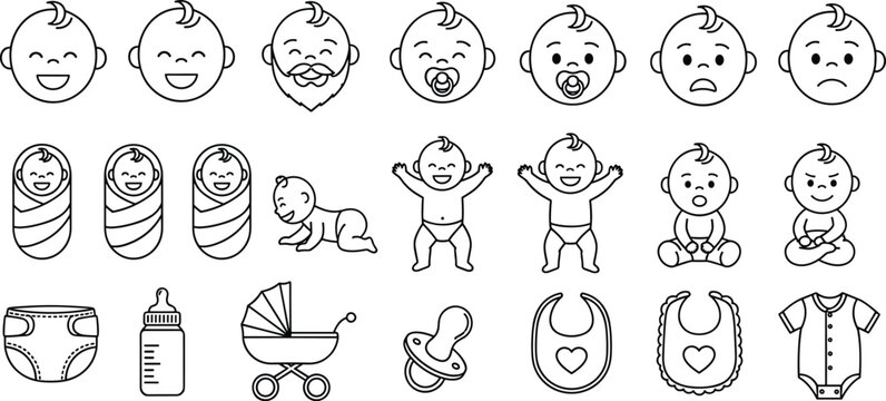 Cute baby icon collection showing expressions, newborn poses, crawling, diapers, bottles, stroller, pacifier and bib illustrations for childcare and parenting graphics