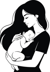 Mother, holding, sleeping, baby, affectionate, parent, child, silhouette, maternal, love, newborn, bonding, caring, illustration, embracing, motherhood, tenderness, family, peaceful, moment