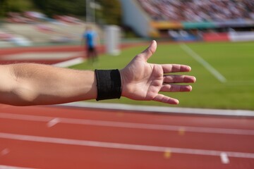 Referee signaling an important decision during a competitive track and field event in a sunny stadium setting