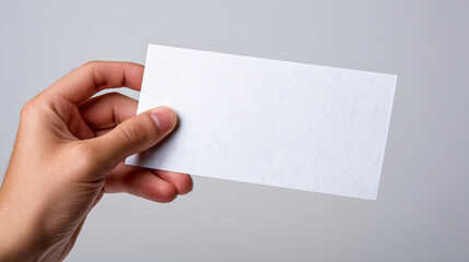 Fototapeta premium Hand holds a blank card against a plain background