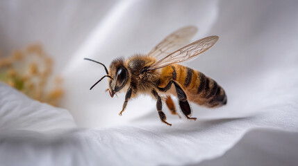 Bee pollinating a white flower in a garden during daytime
