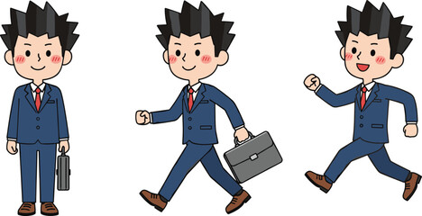 Businessman character in suit walking, running, and standing with briefcase, professional office worker illustration for corporate design and business concepts