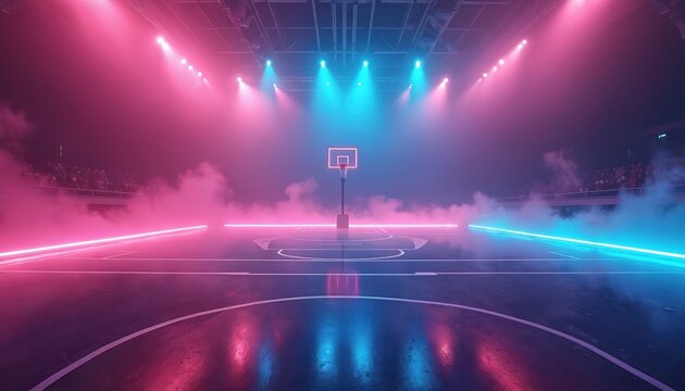 Futuristic basketball court glows with vibrant neon pink, blue lights. Smoke creates dramatic atmosphere inside modern stadium arena. Dynamic sport event background for competition, game, tech,