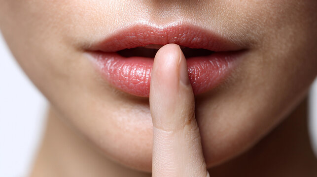 Close-up of a person signaling silence with finger on lips