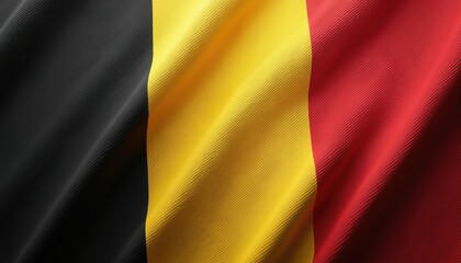 Closeup on belgium flag waving. National belgian symbol flutters in wind. Fabric texture shows black gold, red colors. Banner embodies patriotism, identity. Ripples create dynamic look. Flag sign of