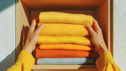 Person is holding a stack of yellow and orange clothes. The clothes are piled on top of each other in a wooden box. The person seems to be organizing or sorting through the clothes