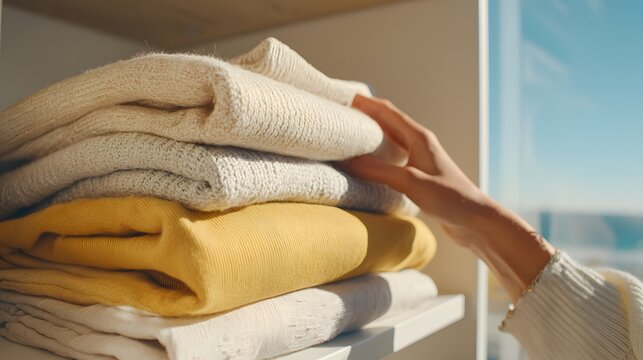 Person is reaching for a yellow sweater on top of a pile of white and yellow sweaters