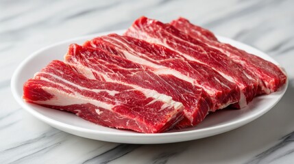 Fototapeta premium Slices of fresh beef ribs are arranged neatly on a white plate. The marbled meat showcases rich colors, ideal for grilling, stewing, or preparing delicious meals.