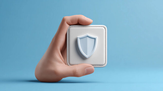 Hand holding a square shield icon on a blue background