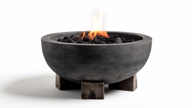 Modern fire pit with glowing flames and charcoal