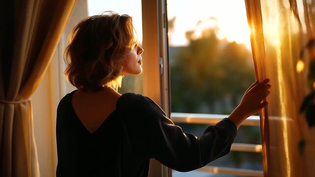 Gentle side-view silhouette of a woman opening the balcony, focus on warm interior light, background fully defocused, with copy space