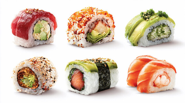 Different types of colorful sushi rolls on a white background - Powered by Adobe