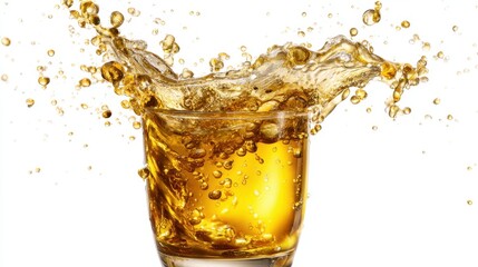 A glass filled with a fizzy drink shows a dynamic splash as bubbles rise. The image captures the lively essence of refreshing beverages, perfect for any occasion.