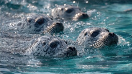 Seals swimming in clear blue water during a sunny afternoon near the coast, showcasing their playful nature and curious expressions