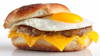 Delicious breakfast sandwich with egg, sausage, and cheese